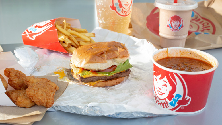 Wendy's combo meal, hamburger, chicken nuggets, fries, soup, frosty, and soda