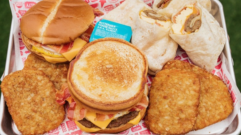 Close up of Jack in the Box breakfast platter on a tray