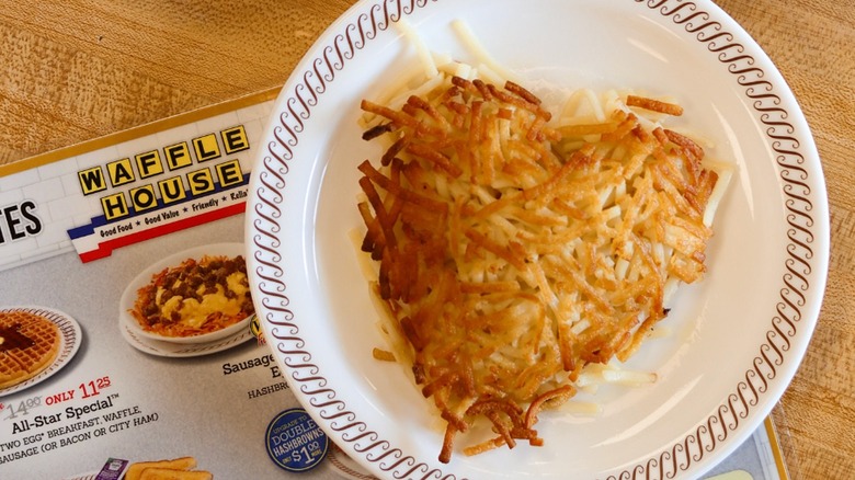 White plate filled with heart-shaped hash browns at Waffle House