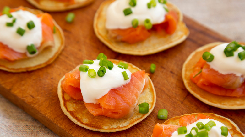 Smoked salmon blini with creme fraiche