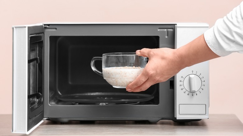 oatmeal glass bowl placed in microwave
