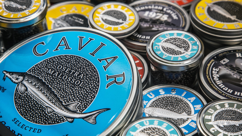 Close-up on tins of Russian caviar