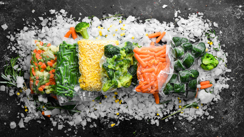 frozen vegetable bags on ice