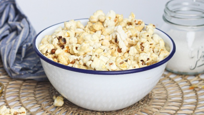 kettle corn in white bowl