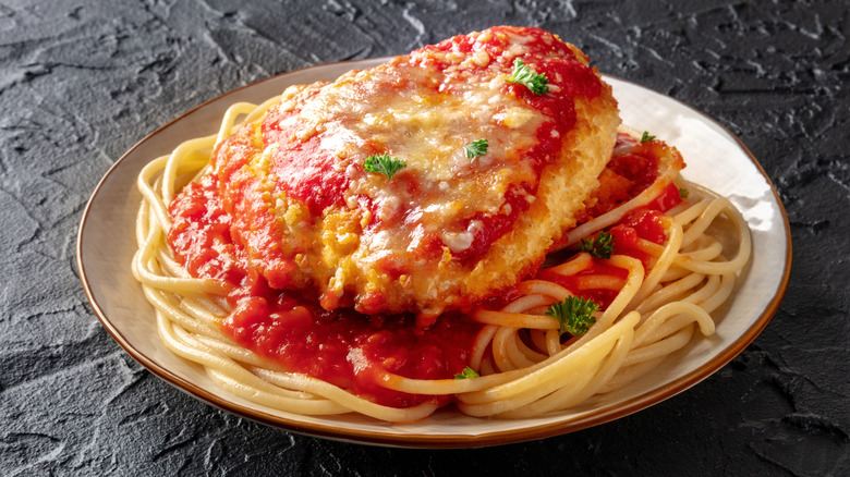 Chicken parmesan on a white plate