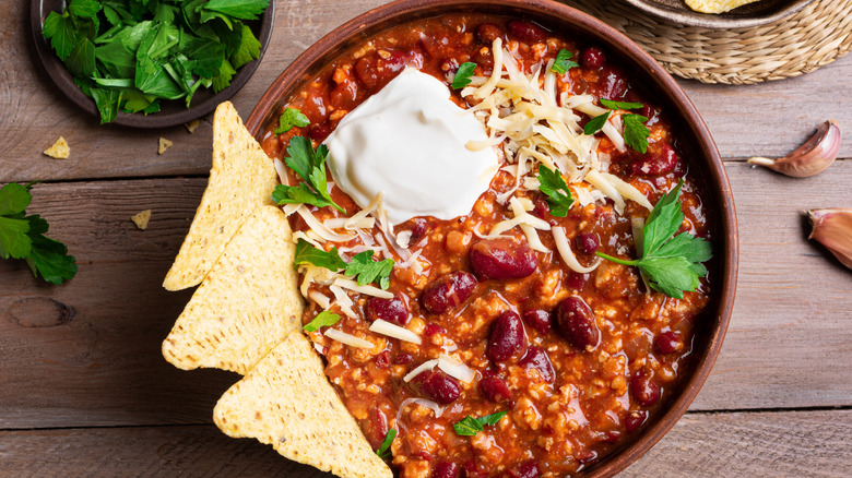 Overview of chili in bowl