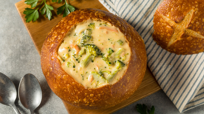 sourdough bread bowl filled with broccoli cheddar soup