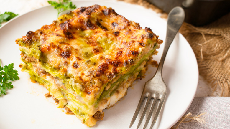 A traditional lasagna Bolognese made with spinach "pasta verde"