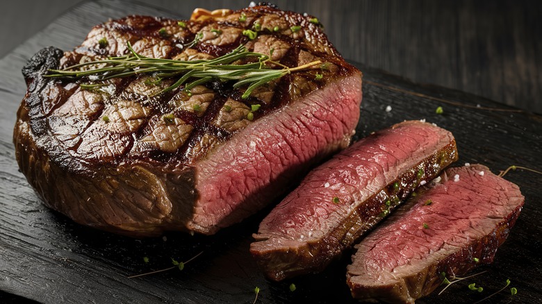 a sliced steak on a wooden cutting with herbs