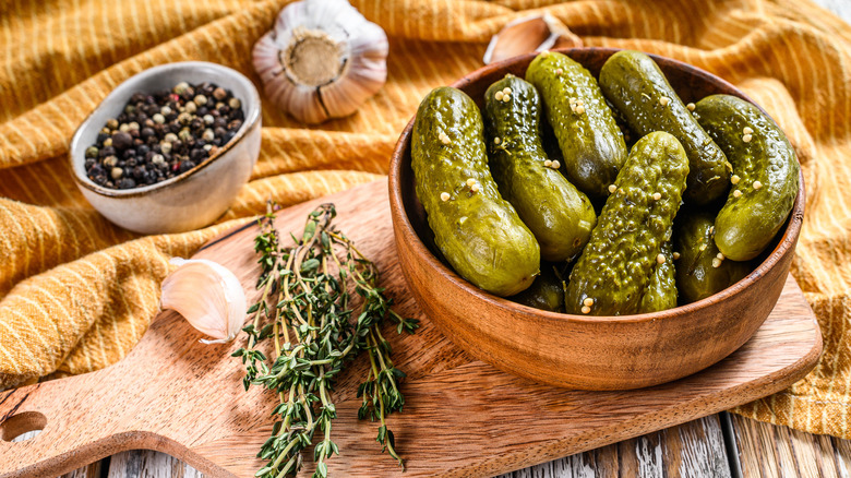 pickles wooden bowl cutting board