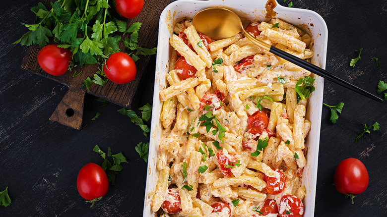 Viral feta pasta in baking dish