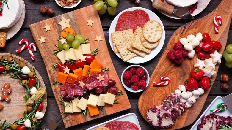holiday cheese board spread with fruit
