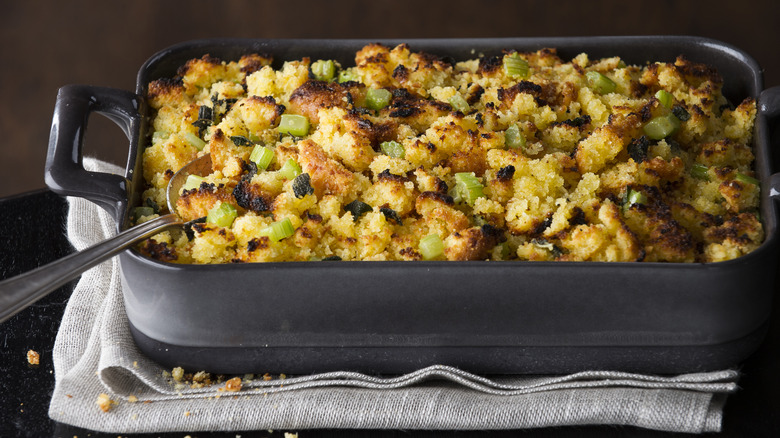 stuffing in pan on counter