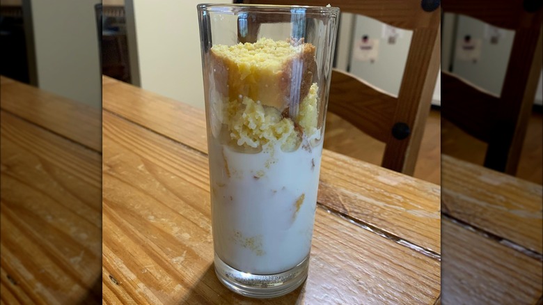 Cornbread and milk in a glass