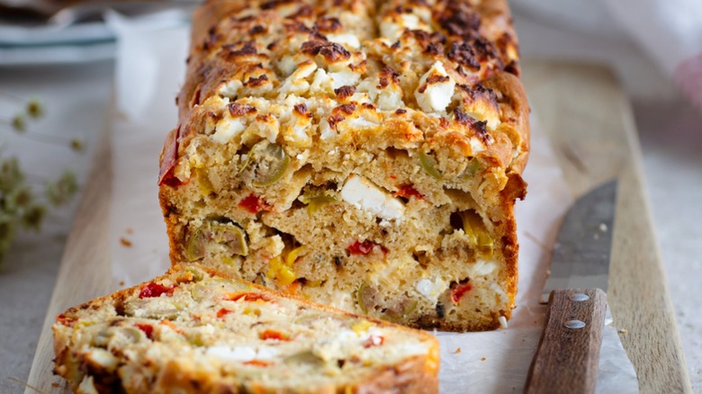 cake salé sliced on cutting board
