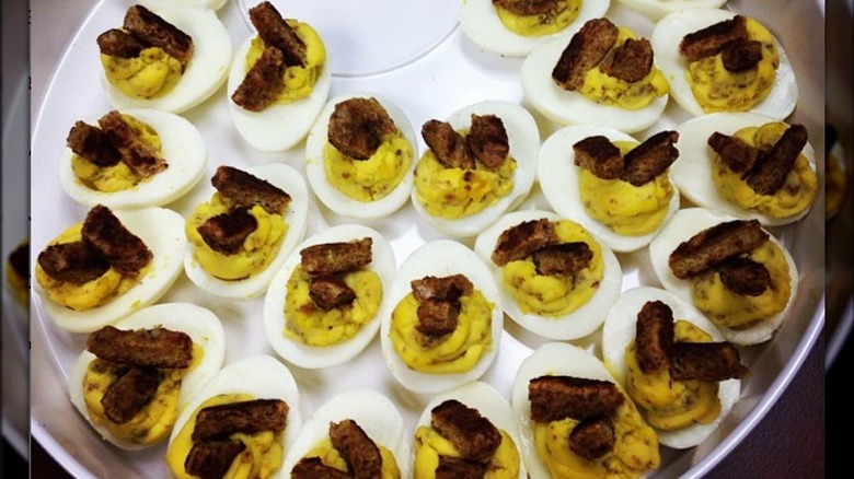 french toast deviled eggs on platter