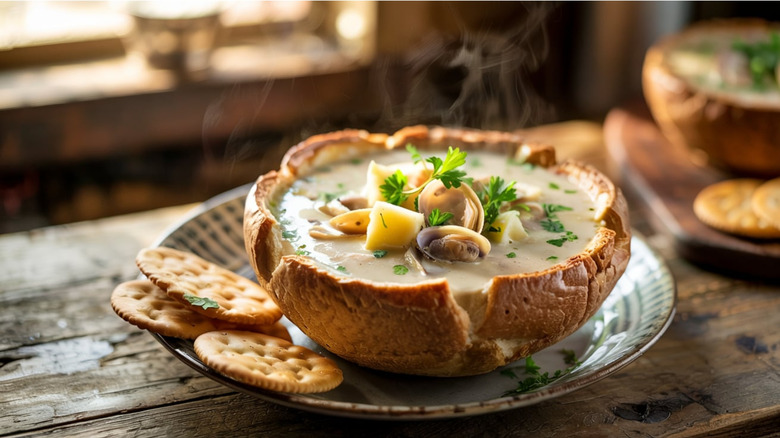 New England clam chowder in a bread bowl served with crackers on a rustic, wooden table