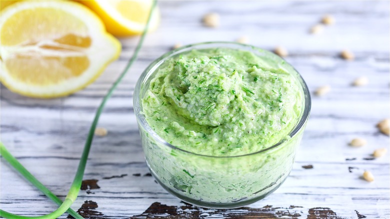 Garlic scape pesto in glass bowl 