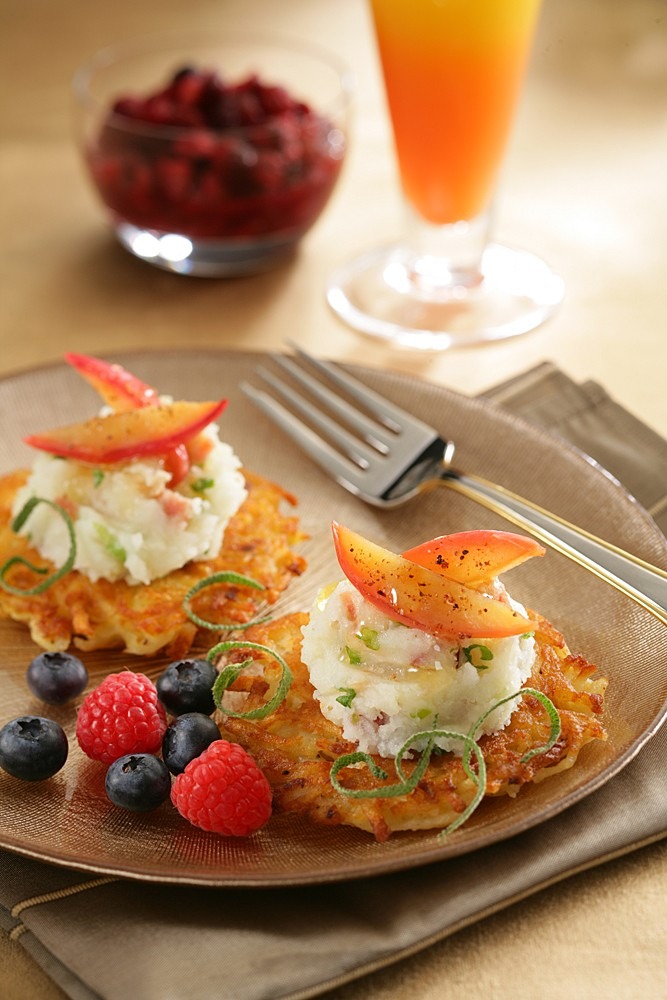 German Potato Pancakes with Mashed Idaho® Potatoes, Caramelized Apples and Sage-Infused Honey