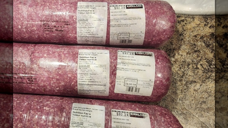 Three 10-pound tubes of ground beef from Costco