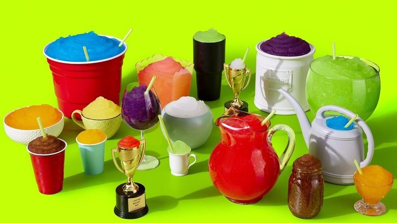 different cups filled with slurpees