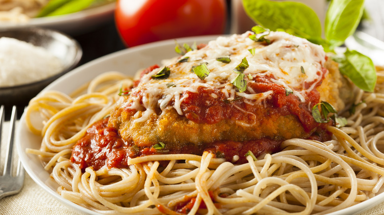 Chicken parmesan on pasta