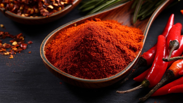Dried red cayenne pepper in large spoon