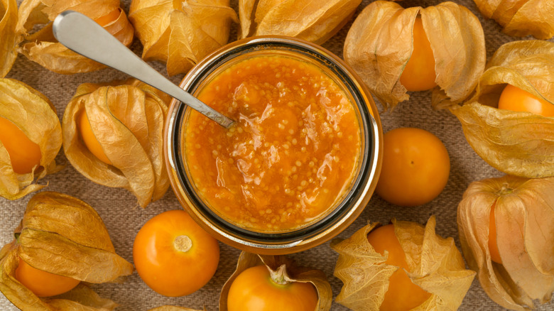 Golden berry jam in a jar