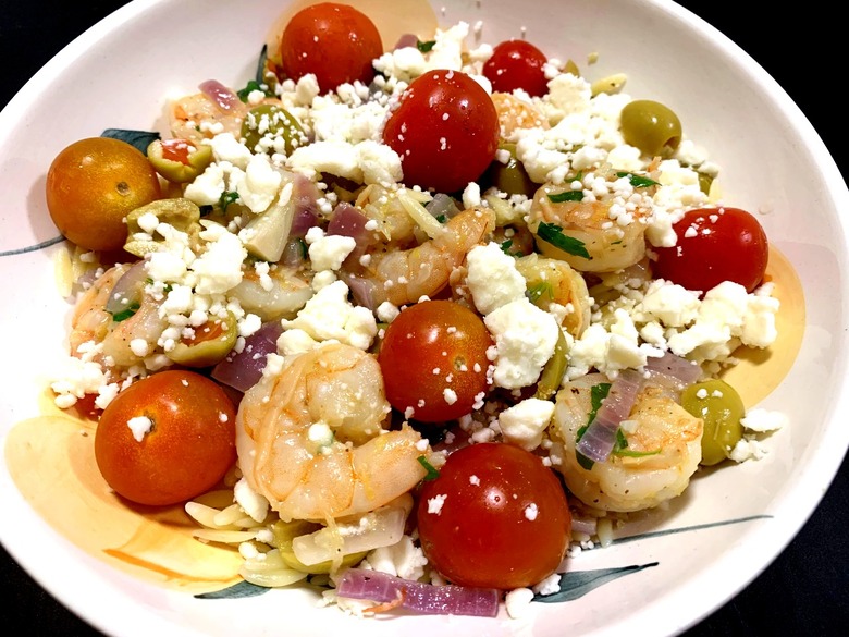 Greek orzo salad with shrimp and cherry tomatoes