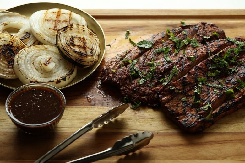 Grilled butterflied pork tenderloin with hoisin-mint sauce