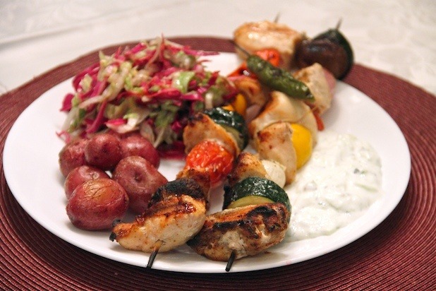 Grilled Chicken Kebabs and Potatos with Chiffonade Salad and Yogurt Sauce