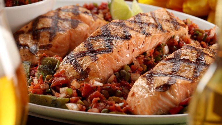 Grilled Salmon With Tomato-Olive Salsa and Poblanos recipe - The Daily Meal