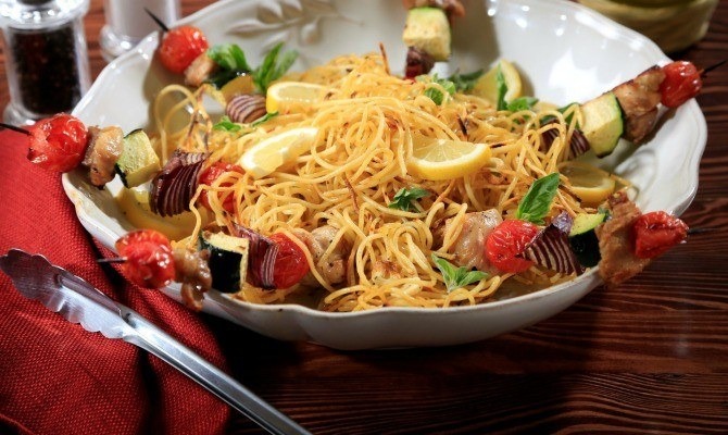 Grilled Spaghetti with a Grilled Chicken and Vegetable Skewer and a Simple Garlic and Herb Sauce