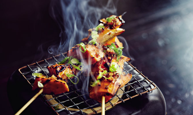 Grilled Sweet Potatoes with Soy Sauce, Maple, and Bacon