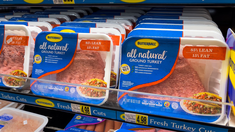 grocery store fridge with Butterball ground turkey packages