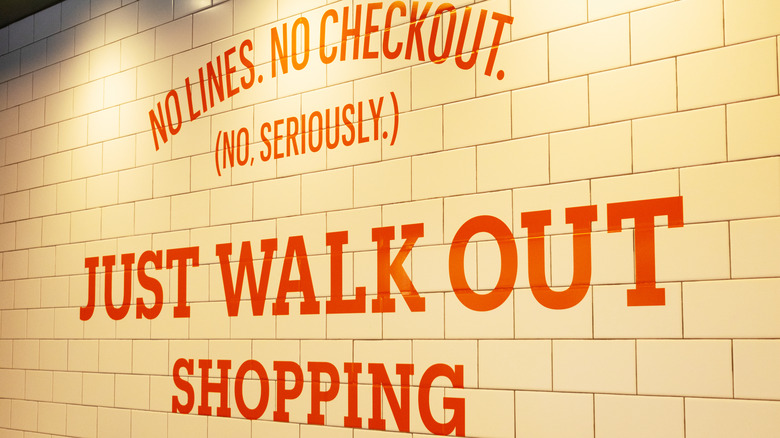 A sign for Amazon's Just Walk Out program