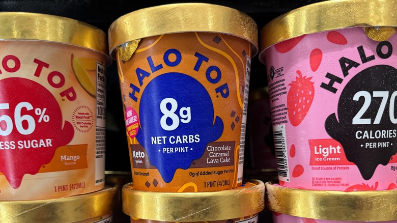Pints of Halo Top in freezer at grocery store