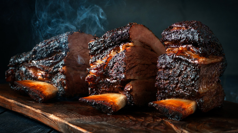 Close-up of sliced beef brisket with visible bark