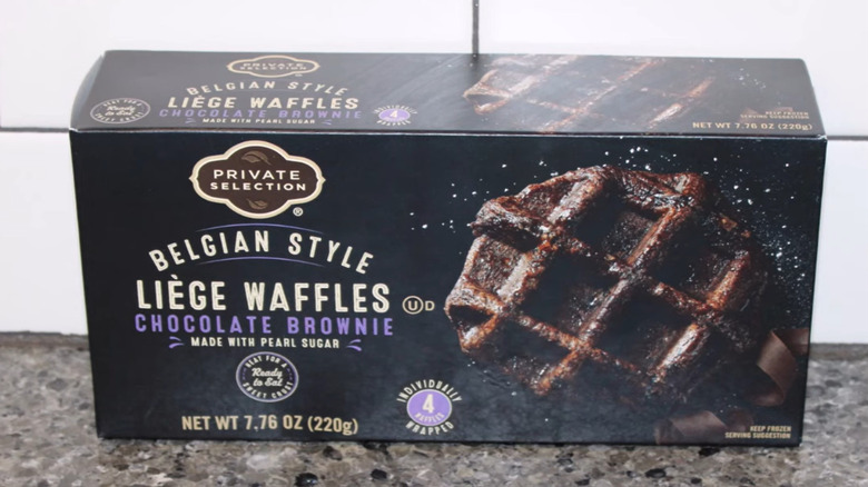 A box of Private Selection Liege Waffles in chocolate brownie flavor from Kroger