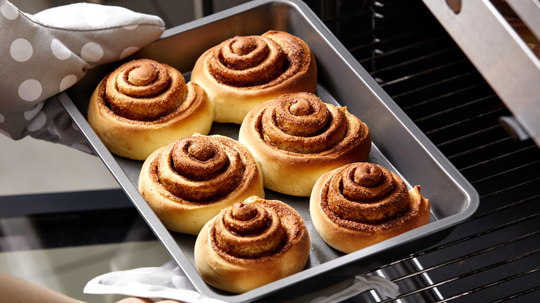 Baking dish of fresh cinnamon rolls