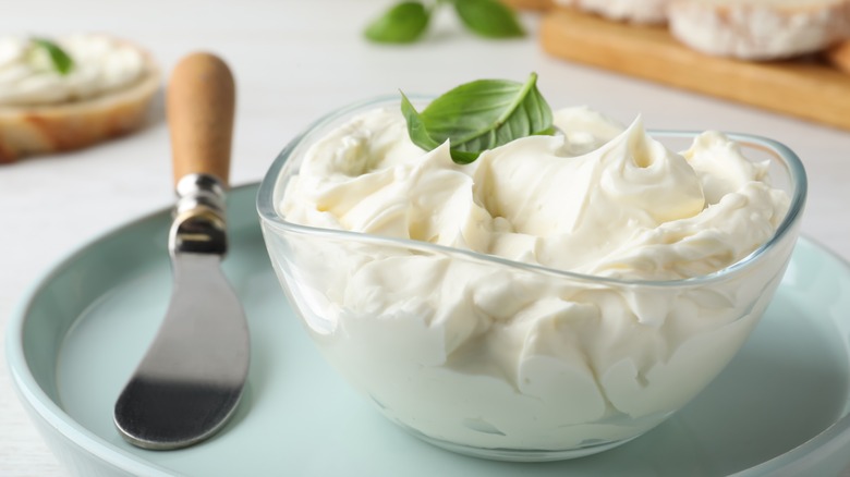 Cream cheese in a glass bowl