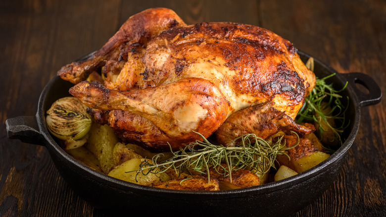 Roasted chicken in skillet