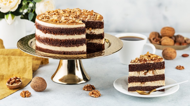 Layered chocolate cake sliced