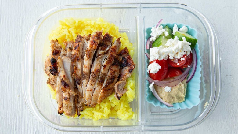 container with chicken shawarma meal prep