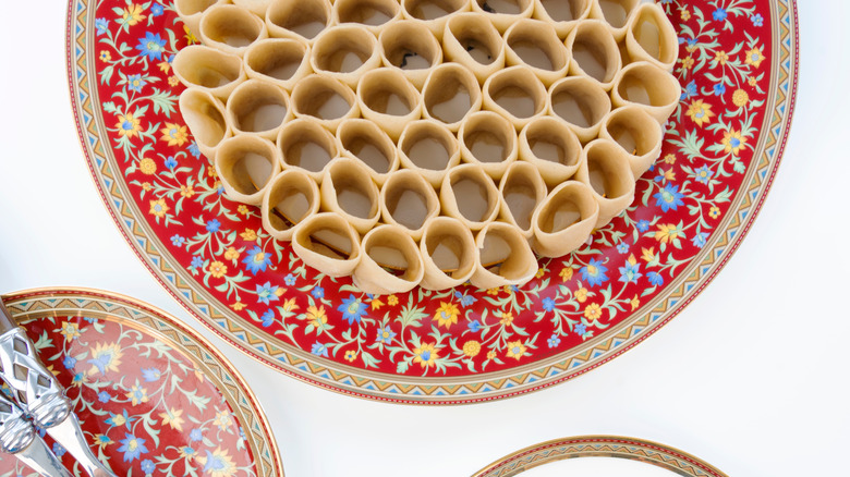 Vertical rigatoni noodles on a designed plate