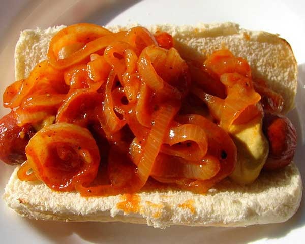 Hot Dog with Onion, Tomato, and Balsamic Sauce