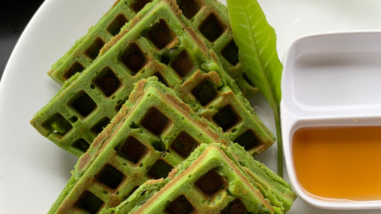 pandan waffle row with syrup