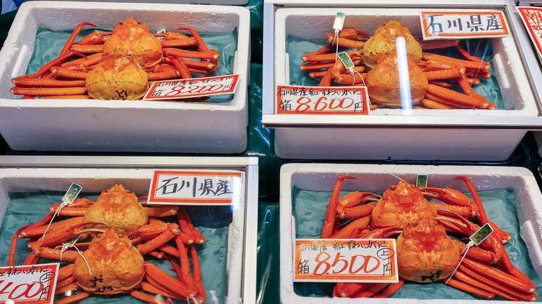 Boxes containing freshly cooked crabs each in a market aisle.