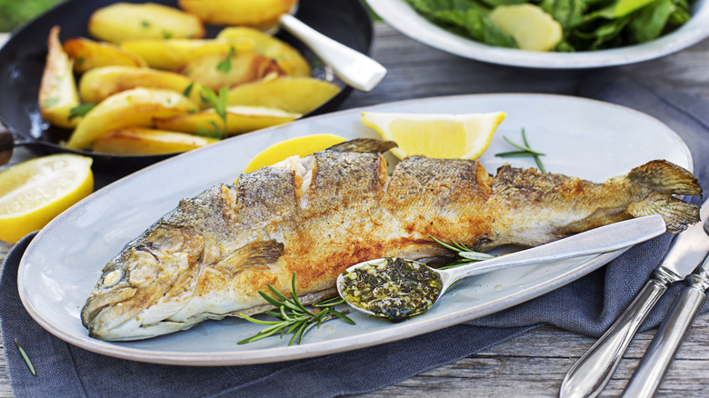 A whole roasted trout on a plate with lemons and potatoes and salad on the side.