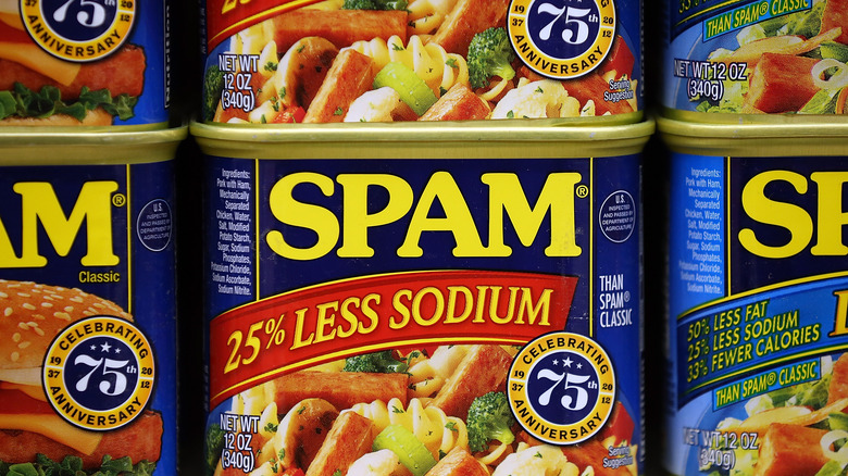 spam cans on grocery shelf